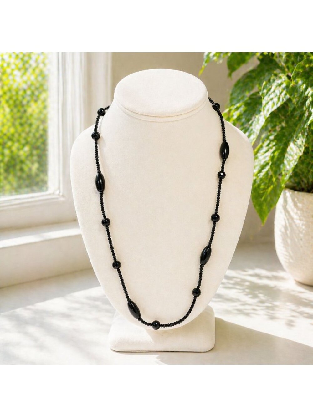 Black Vintage Beaded Necklace With Oval & Round Accents - 30 Inches Long